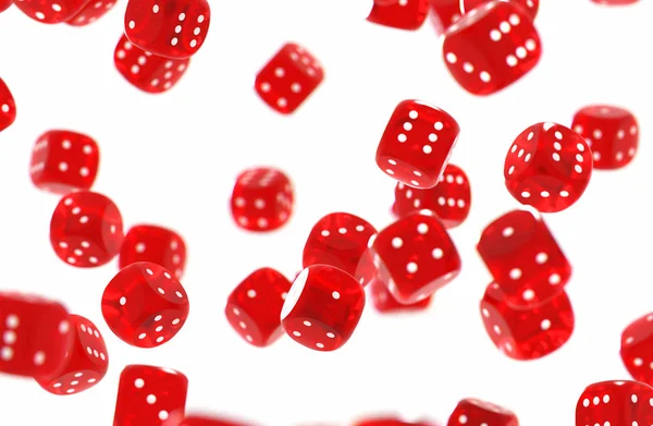 Red game dices threw in the air isolated on white background
