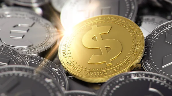 Montón Diferentes Monedas Con Moneda Oro Frente Renderizado — Foto de Stock