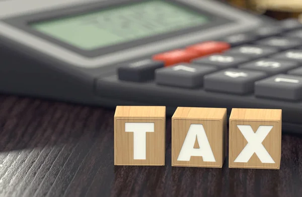 Tax Concept Avec Des Blocs Bois Gros Plan Flou Calculatrice — Photo