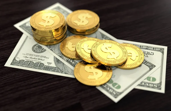 Golden dollar coins laying on dollar bills for finance, savings and banking concept. 3D rendering