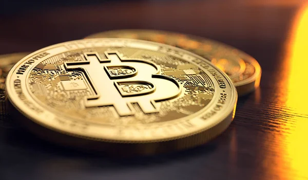 Bitcoin Stapel Verschwommener Nahaufnahme Mit Flammen Die Den Hintergrund Reflektieren — Stockfoto