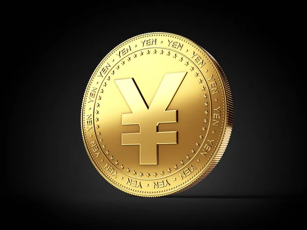 Yen Jpy Sign Golden Coin Isolated Black Background Realistic Rendering — Stock Photo, Image