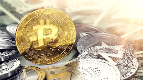 Golden Bitcoin Standing Middle Huge Stack Cryptocurrencies Dollar Bills Floor — Stock Photo, Image