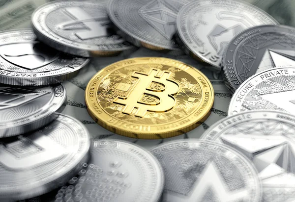 Bitcoin Medio Del Círculo Monedas Criptomoneda Que Pone Billetes Dólar — Foto de Stock