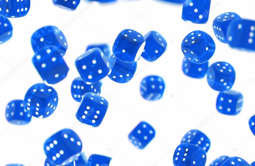 Set of random blue game dices threw in the air isolated on white background