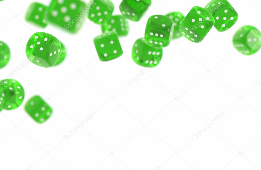 Green game dices isolated on white background and copy space below