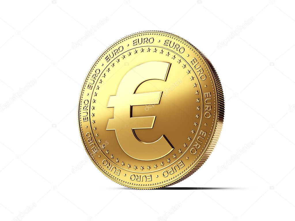 Euro sign on golden coin. Photo realistic 3D rendering isolated on white background