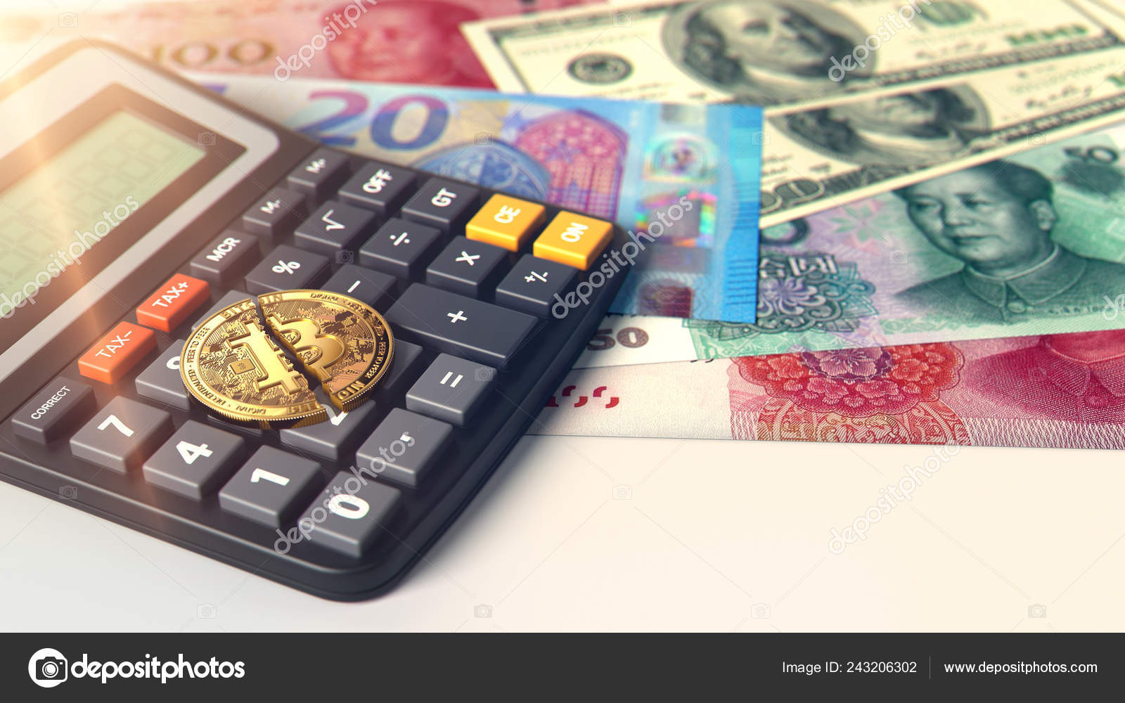 在计算器上放置的比特币裂缝加密货币投资的高风险—— 库存社论照片© hello.artmagination.com #243206302
