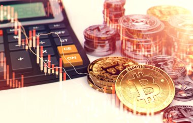 Bitcoin ve diğer cryptocurrencies kırmızı borsa diyagramı kaplaması ile yığınları. Cryptocurrency yatırım büyük kayıp. 3D render