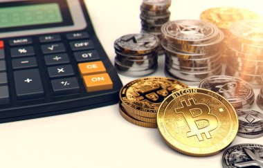 Bitcoin, diğer cryptocurrencies ve bir hesap makinesi yığınları. Ücret ve vergiler cryptocurrency yatırımlar. 3D render