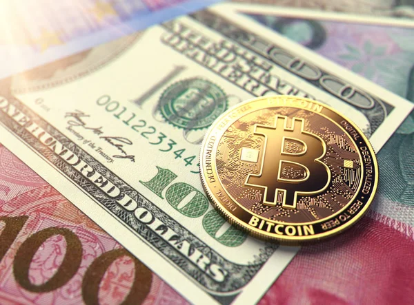 Bitcoin Coin Chinese Yuan Bills Stable Situation Bitcoin China Concept — Stock Photo, Image