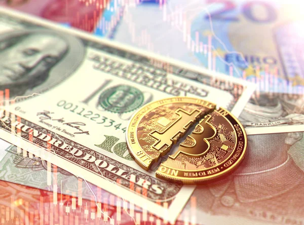 Moneda Bitcoin Rota Agrietada Billetes Con Superposición Diagrama Bursátil Rojo — Foto de Stock