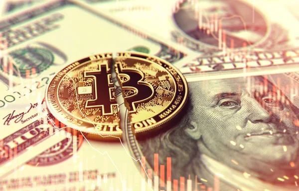 Bitcoin Roto Agrietado Billetes Dólar Mala Situación Bitcoin Los Mercados — Foto de Stock