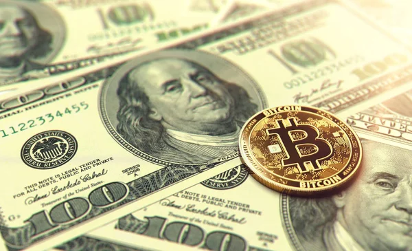 Bitcoin Oro Billetes Dólares Macro Shot Renderizado — Foto de Stock