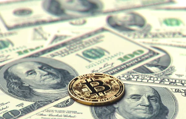 Bitcoin Billetes Dólar Con Espacio Copia Parte Superior Bitcoin Concepto — Foto de Stock
