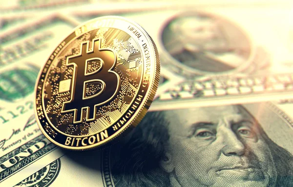 Bitcoin Billetes Dólar Americano Bitcoin Centro Atención Concepto Estados Unidos — Foto de Stock