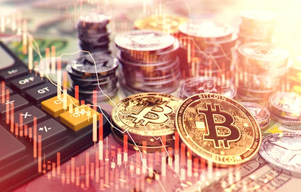 Pilas Bitcoin Otras Criptomonedas Con Superposición Diagrama Del Mercado Valores — Foto de Stock