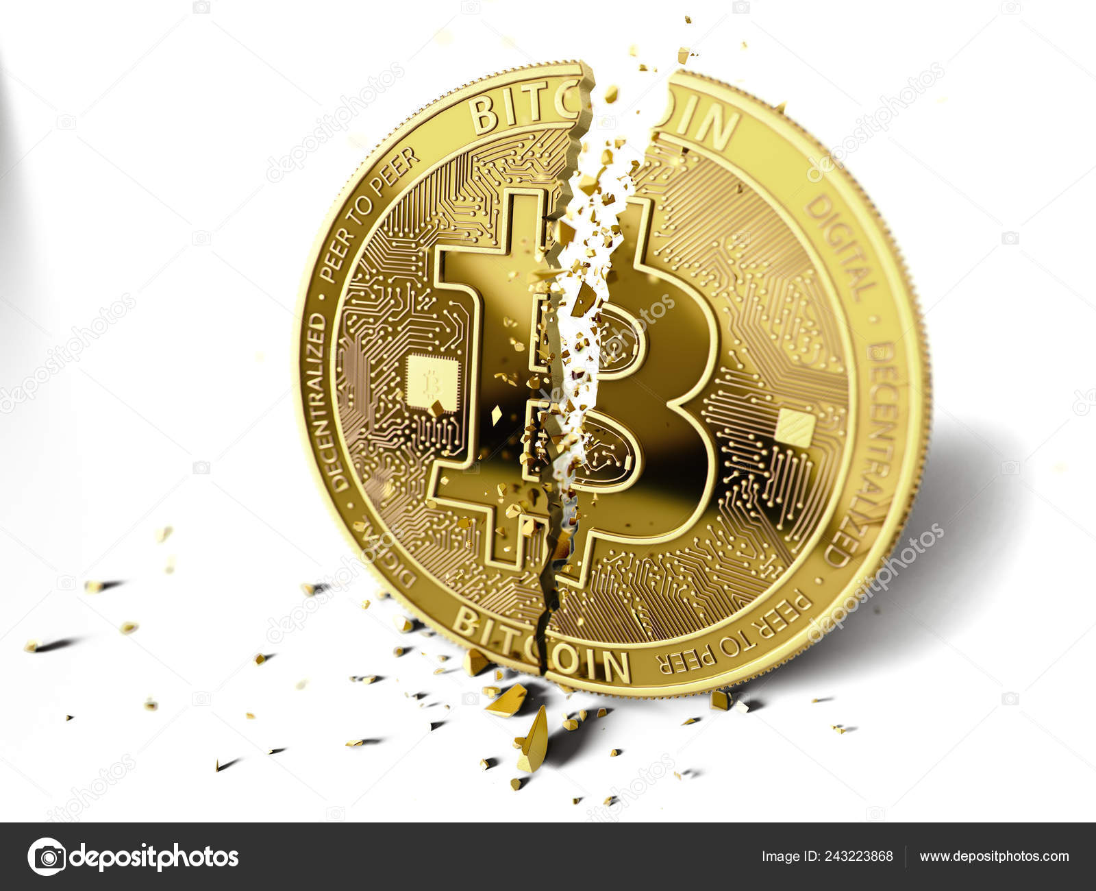 白い背景の上の破損やひびの入ったビットコイン 白で隔離 ビットコイン クラッシュ コンセプト レンダリング — ストック編集用写真©hello .artmagination.com#243223868