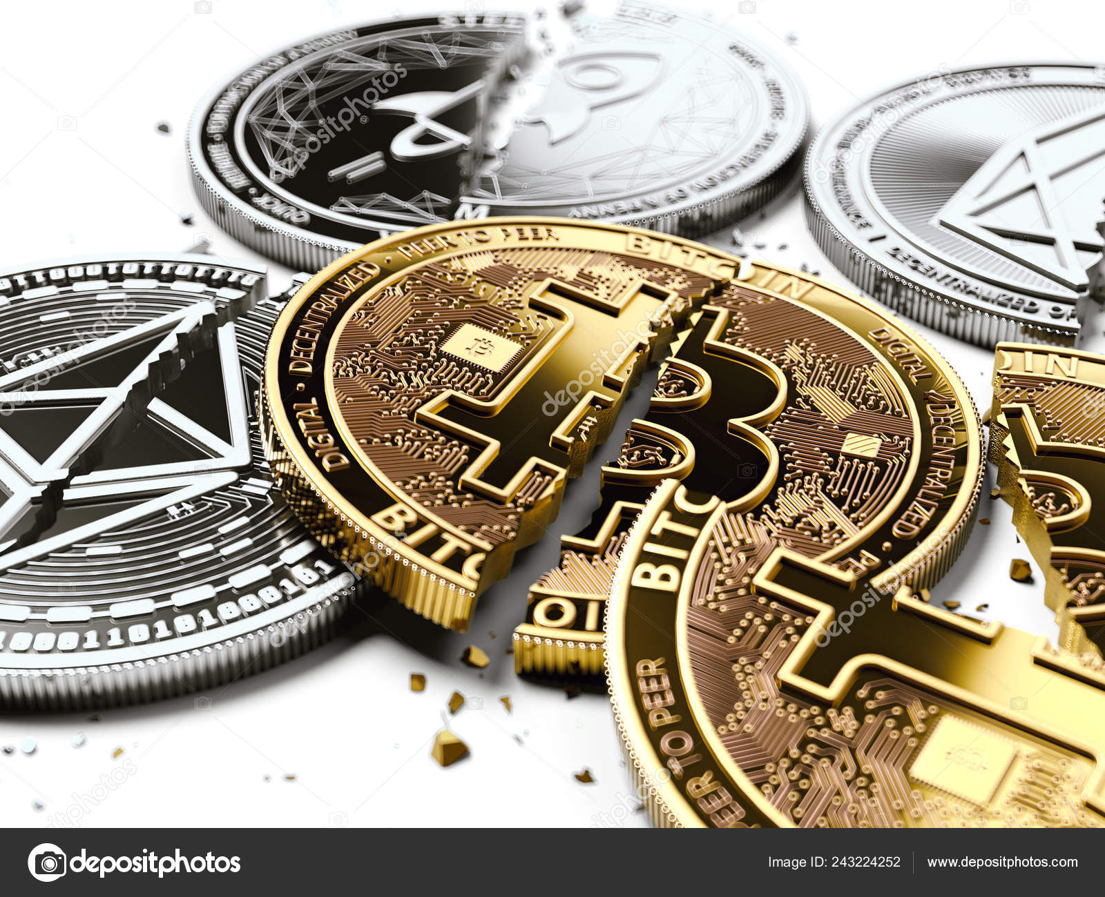 堆叠破碎或破解比特币和阿尔特币硬币铺设在白色的背景比特币崩溃的概念—— 库存社论照片© hello.artmagination.com  #243224252