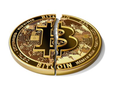 Bir kırık veya çatlak Bitcoin beyaz arka plan üzerinde yatıyor. Beyaz izole. Bitcoin kaza kavramı. 3D render