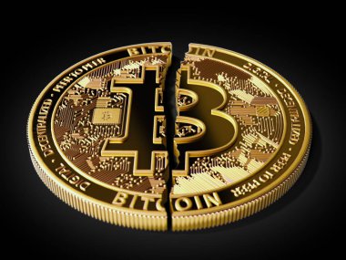 Bir kırık veya çatlak Bitcoin beyaz arka plan üzerinde yatıyor. Siyah izole. Bitcoin kaza kavramı. 3D render
