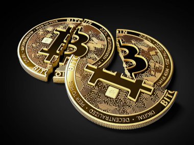 Siyah arka plan üzerine döşeme kırık veya çatlak Bitcoin sikke yığını. Bitcoin kaza kavramı. 3D render