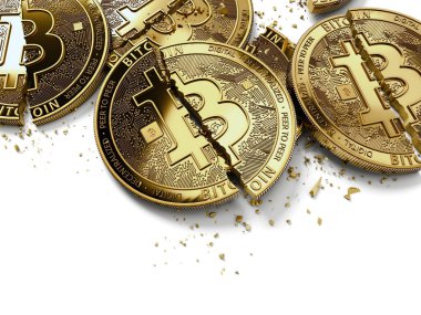 Beyaz arka plan üzerinde döşeme kırık veya çatlak Bitcoin sikke yığını. Bitcoin kaza kavramı. 3D render