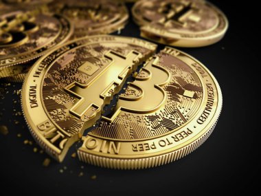 Siyah arka plan üzerine döşeme kırık veya çatlak Bitcoin sikkeleri üzerinde yakın çekim vurdu. Bitcoin kaza kavramı. 3D render