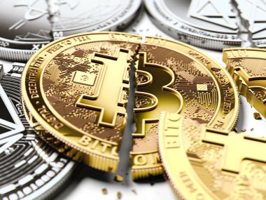 Kırık veya çatlak Bitcoin ve altcoins yığını beyaz arka plan üzerinde döşeme paraları. Bitcoin kaza kavramı. 3D render