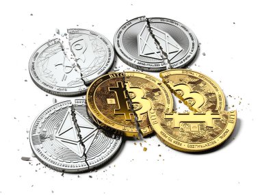 Kırık veya çatlak Bitcoin ve altcoins yığını beyaz arka plan üzerinde döşeme paraları. Bitcoin kaza kavramı. 3D render
