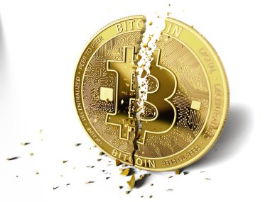 Beyaz arka plan üzerinde kırık veya çatlak bir Bitcoin. Beyaz izole. Bitcoin kaza kavramı. 3D render