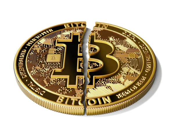Trasig Eller Sprucken Bitcoin Lägger Vit Bakgrund Isolerade Vitt Bitcoin — Stockfoto