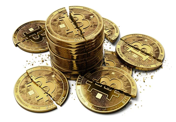 Pile Broken Cracked Bitcoin Coins Laying White Background Bitcoin Crash — Stock Photo, Image