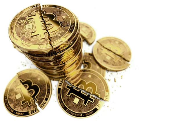Montón Monedas Bitcoin Rotas Agrietadas Sobre Fondo Blanco Concepto Choque — Foto de Stock