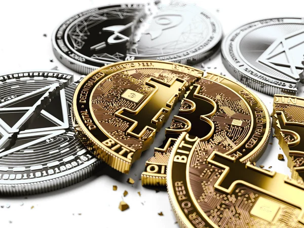 Στοίβα Από Σπασμένα Ραγισμένα Bitcoin Και Altcoins Νομίσματα Για Τον — Φωτογραφία Αρχείου
