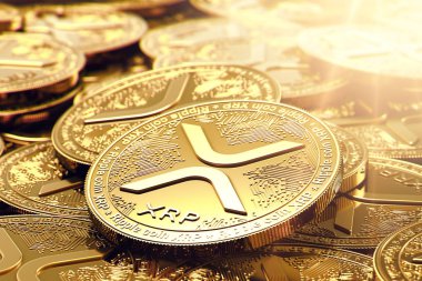 Altın dalgalanma Xrp yığını içinde bulanık closeup paraları. Parlak güneş patlaması büyüme bir işareti olarak. 3D render