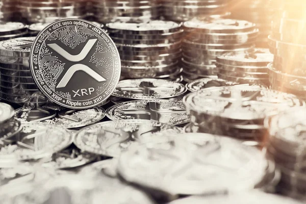 Stack Silver Ripple Xrp Coins Blurry Closeup Lens Flare Symbol — Stock Photo, Image