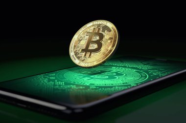 Levitating Bitcoin blockchain ve bitcoin görüntüleri ekranda bir smartphone ekran üzerinde. 3D render