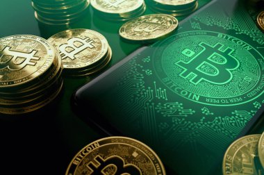 Smartphone ile ekran arasında altın Bitcoins yığınları Bitcoin sembolü. Bitcoin kavramı. 3D render