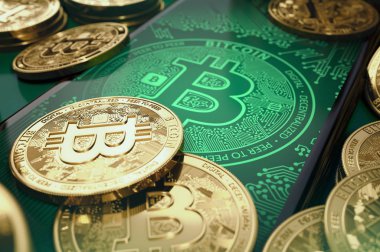 smartphone ekranında bitcoin sikke yığını. Bitcoin sanal cüzdan kavramı. 3D render