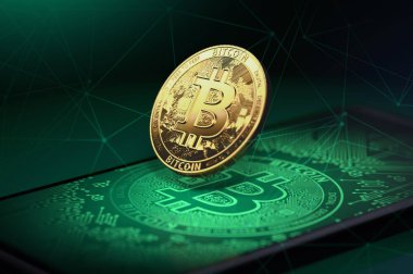 Altın bitcoin Bitcoin logosuna bir smartphone üzerinde levitating. Bitcoin ve blockchain kavramı. 3D render