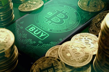 Yakın çekim Bitcoin görüntü ve büyük satın düğme üstünde belgili tanımlık göstermek ile a smartphone perde atış. Bitcoin satın alma fırsatları kavramı. 3D render