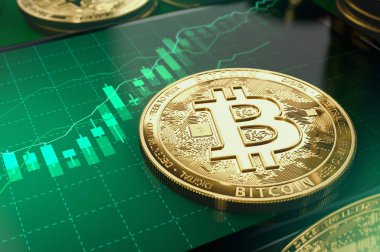 Bitcoin büyüme gösteren yeşil diyagramları. Büyük gelirleri cryptocurrency yatırımcılar konsepti için. 3D render