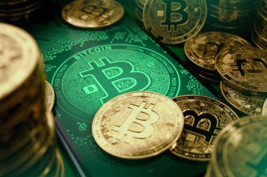 smartphone ekranında bitcoin sikke yığını. Büyük yatırım fırsatları kavramı. 3D render