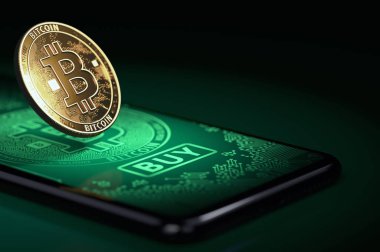 Altın bitcoin ayakta büyük satın düğmesi ile bir ekranda. Bitcoin satın alma fırsatları kavramı. 3D render