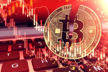 Klavye üzerinde iki adet bölünmüş Bitcoin yakın çekim shot. Bitcoin hisse senedi piyasasında fiyat kavramı plummets. 3D render