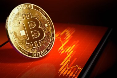 Bir ekranda kırmızı düşüş trendi diyagramı ile altın bitcoin ayakta. Bitcoin fiyatı düşen kavramı. 3D render