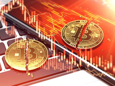 İki altın bitcoin sikke smartphone ekranında kırmızı diyagramları kaplaması ile döşeme. Bitcoin fiyat düşüş kavramı. 3D render