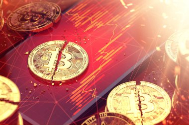 Kırık bitcoin ekranda görüntülenen bir kırmızı grafiklerin üzerinde döşeme iki parçaya bölün. Cryptocurrencies kavramı düşük gelirleri. 3D render
