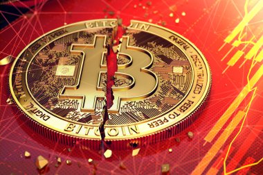 Kırık bitcoin bir ekranda döşeme iki parçaya bölün. Ekran kırmızı diyagram vardır. Bitcoin düşüş kavramı. 3D render
